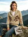 Retro beige knit cardigan featuring double wolf jacquard and front zipper for winter - Khaki