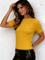 Detailed view of women's yellow cable-knit short sleeve top with retro round neck - Sunflower Yellow