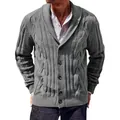 Men's classic grey cable knit cardigan sweater featuring a stylish shawl collar and button front - M / Tops / Gray