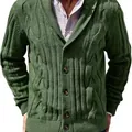 Men's stylish olive green shawl collar cable knit cardigan with brown button closure - M / Tops / Green
