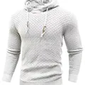 Men's textured knit hoodie in light grey featuring a waffle pattern and drawstring hood - S / Top (sy796#) / White