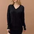Elegant black V-neck cable knit long sweater dress with autumn winter casual style for women - S / Tops / Black