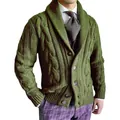 Classic men's olive green cable knit cardigan sweater with shawl collar and button front - Army Green