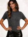 Vintage cable knit short sleeve top for women featuring a crew neck in dark grey. - Dark Gray