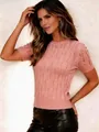 Vintage pink cable-knit short sleeve sweater for women, slim fit round neck summer top - S / Tops / Pink