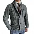 Classic grey cable knit cardigan sweater for men with elegant shawl collar detail - Medium Grey