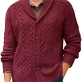 Classic men's burgundy cable-knit cardigan sweater with V-neck and single-breasted buttons - S / Tops / Burgundy