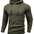 Men's olive green hooded knit sweater with heavy waffle texture and drawstrings - Army Green