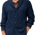 Elegant navy blue men's shawl collar cable-knit cardigan with front button closure - S / Tops / Dark Blue