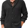 Classic men's black cable knit cardigan featuring a shawl collar and single-breasted buttons - S / Tops / Dark Gray