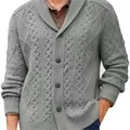 Classic grey men's cable knit shawl collar cardigan sweater with single-breasted buttons - Gray
