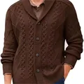 Classic brown cable-knit shawl collar cardigan for men, single-breasted business style - Chestnut