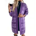 Elegant purple houndstooth knit long cardigan jacket for women with open front design - S / Tops / Purple