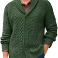 Stylish men's dark green cable knit cardigan sweater with V-neck and button closure. - Army Green