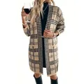 Classic khaki houndstooth long knit cardigan jacket for autumn winter fashion - S / Tops / Apricot