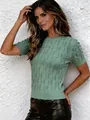 Vintage-style mint green cable-knit short sleeve top with a slim-fit round neck for summer - Emerald Green