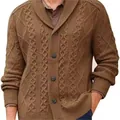 Men's brown button-down shawl collar cable knit cardigan sweater for business casual wear - Brown