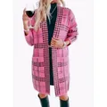 Long pink houndstooth knitted cardigan for women in a classic autumn winter style - Pink