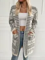 Stylish houndstooth pattern long knit cardigan with pockets in classic cream and black - Light Yellow
