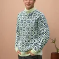 Pull vintage en maille jacquard aux motifs géométriques bleus sur vert menthe, coupe ample - Light jaune
