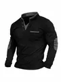 Men's black long sleeve polo shirt with stand collar and grey patchwork details. - S / Tops / Black + Gray