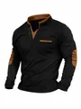 Close-up of men's black long-sleeve polo shirt with brown contrast elbow patches - S / Tops / Black + Khaki
