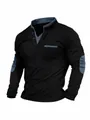 Men's black long-sleeve polo shirt with stand collar and grey patchwork sleeve details - S / Tops / Black+Blue