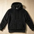 Detailed view of men's black winter cable-knit texture thick sherpa fleece hoodie - S / Tops / Black