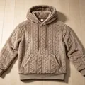 Macro detail of brown cable-knit fuzzy hoodie featuring a soft plush texture and hood. - S / Tops / Coffee