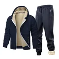 Detailed view of men's navy blue tracksuit featuring thick warm cream fleece lining - XS / Top And Bottom / Navy Blue