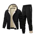 Detailed view of men's winter tracksuit featuring thick cream lamb fleece lining - XS / Top And Bottom / Black
