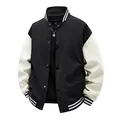 Classic American style varsity bomber jacket for men featuring black body and cream sleeves - S / Tops / Black