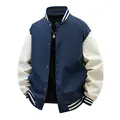 Stylish American style men's navy blue and white varsity jacket with striped baseball collar - Navy Blue