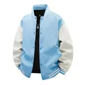 Stylish light blue and white varsity jacket with striped baseball collar for men in autumn - S / Tops / Light Blue