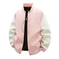 Stylish pink and white men's varsity jacket with baseball collar and striped cuffs - S / Tops / Pink