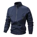 Stylish men's navy blue stand collar bomber jacket featuring decorative zippers and ribbed cuffs. - M / Tops / Navy Blue