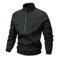 Classic black men's stand-collar casual jacket with zipper pockets and ribbed cuffs - M / Tops / Black