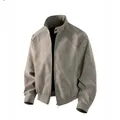 High-quality grey faux suede bomber jacket with pleated shoulder details and stand collar - M / Tops / Gray