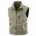 Professional men's outdoor fleece lined vest with stand collar and multiple zipper pockets - M / Tops / Khaki