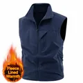 Men's navy blue fleece-lined vest with stand collar and functional zipper pockets - M / Tops / Dark Blue