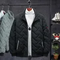 Stylish men's black padded winter jacket with stand collar and quilted zigzag pattern - L / Tops / Black