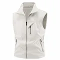 Men's outdoor casual fleece-lined stand collar vest with zipper pockets in solid white - Off White