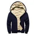 Premium navy blue winter zip-up hoodie with thick beige lamb wool lining for warmth - S / Tops / Dark Blue
