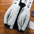 White men's winter padded bomber jacket with chevron quilting and black ribbed trim. - L / Tops / Gray