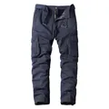 Men's dark navy blue straight-leg cargo pants with multi-pockets and a fabric belt - 30 / Bottoms / Dark Blue