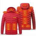 Red USB heated puffer jacket with 11 heating zones shown in front and back views - S / Tops / 11-Zone Heating (3-Switch) / Red