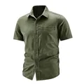 Military green men's short-sleeved workwear shirt in washed cotton style - M / Tops / Army Green