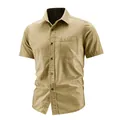 Classic men's khaki short sleeve cotton washed work shirt featuring front pocket and collar - M / Tops / Dark Khaki