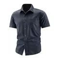 Men's navy blue washed cotton short sleeve work shirt with pocket and lapel collar - M / Tops / Ink Blue