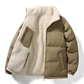 Winter men's reversible puffer jacket featuring thick white sherpa fleece lining in khaki - Light Army Green